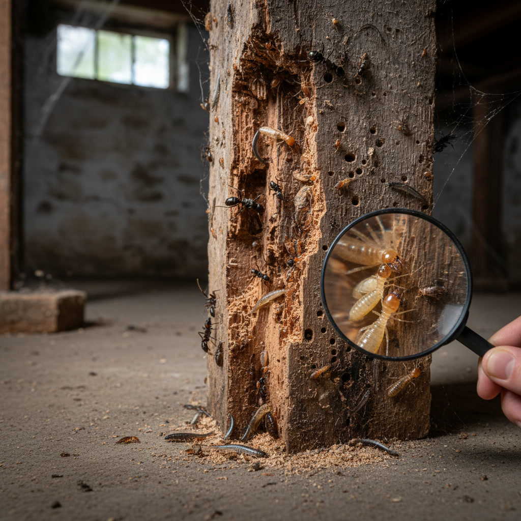 Close-up of wood damage caused by termites and carpenter ants in a Hollis home
