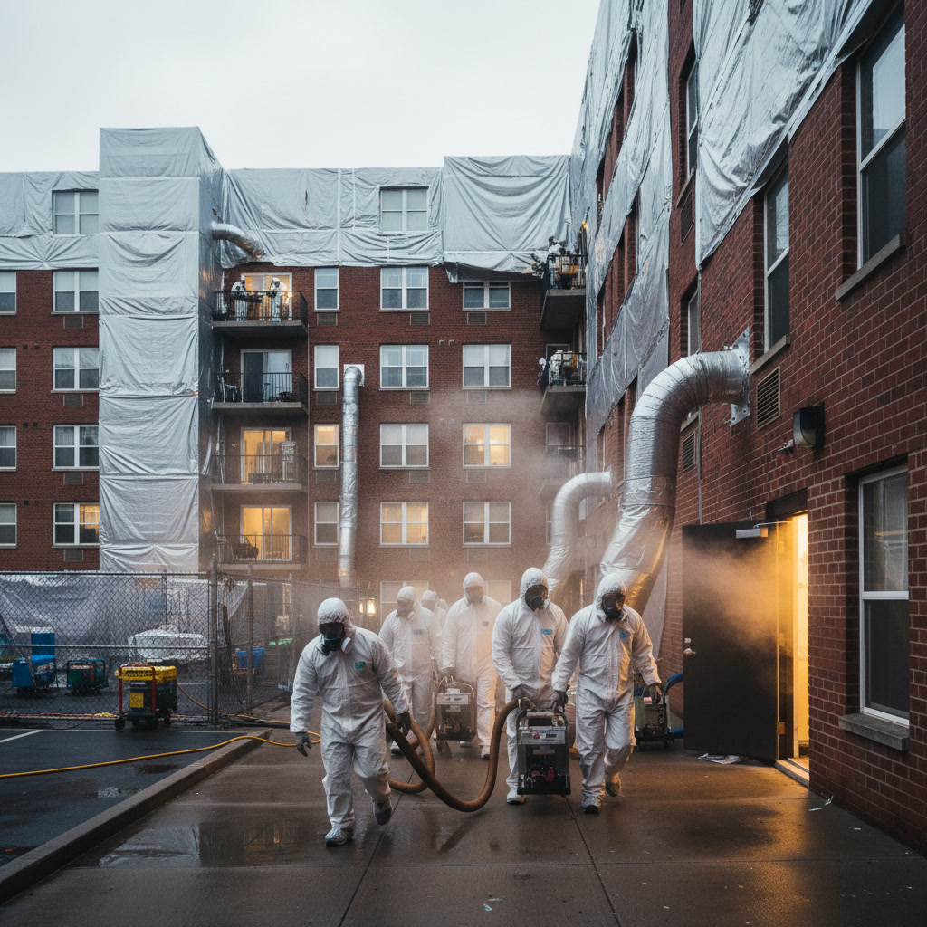 Professional pest control technician applying bed bug treatment in apartment bedroom
