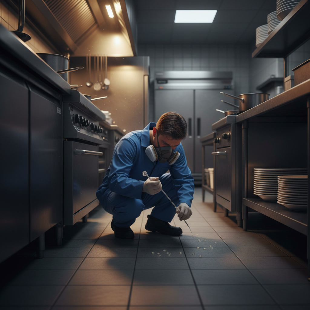 Restaurant pest control technician inspecting kitchen equipment for cockroaches
