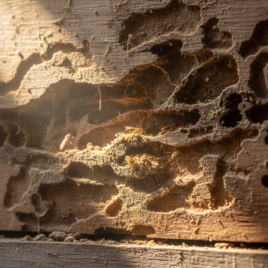 Professional pest inspector examining wooden beam for signs of wood boring pest damage