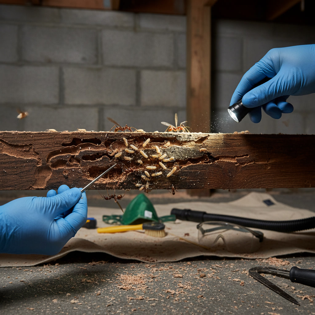 Damaged wooden beam showing signs of termite infestation in a Hollis New York home