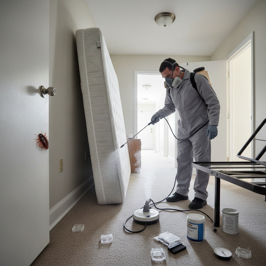 Professional bed bug treatment being performed in apartment building bedroom