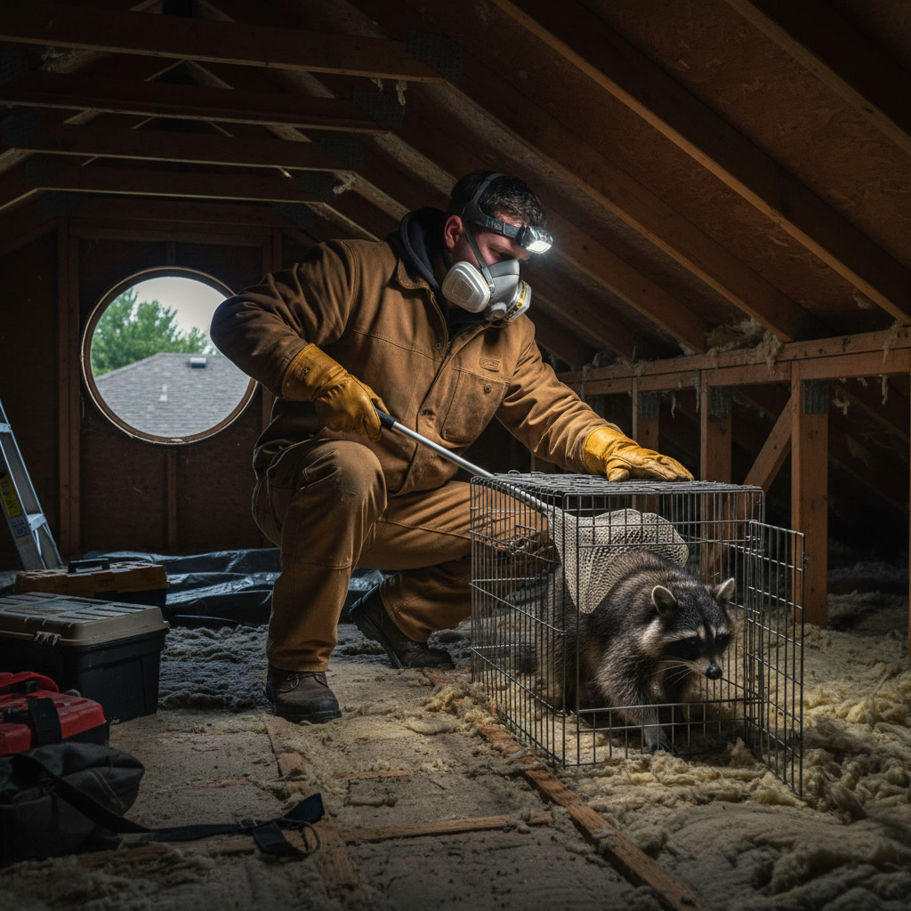 Professional wildlife removal technician inspecting residential property exterior