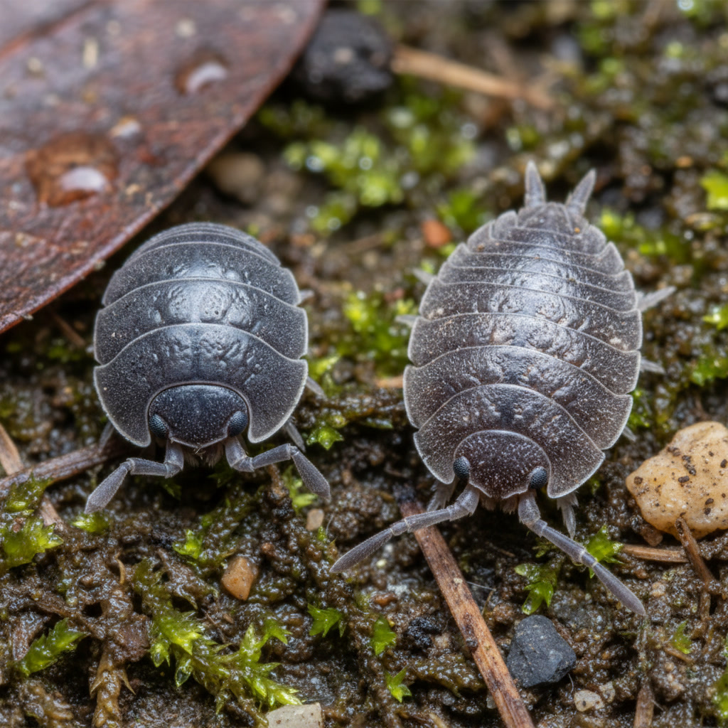 Close-up comparison of pill bug rolled into ball versus sow bug with visible tail projections