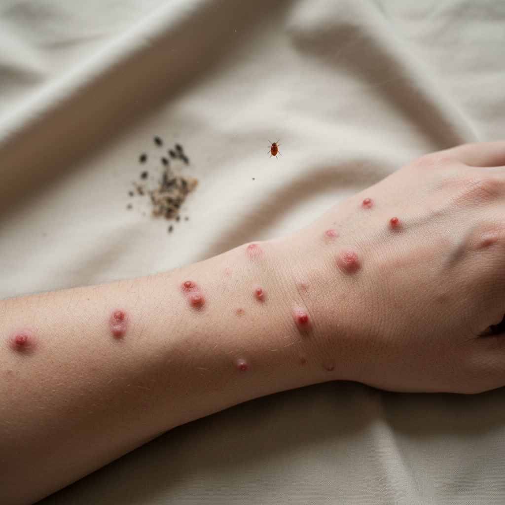 Bed bug bites on skin showing typical cluster pattern