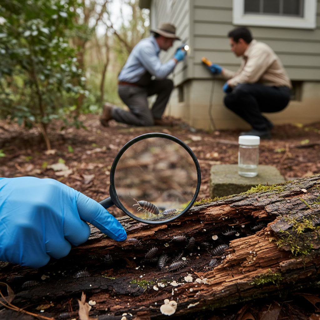Professional pest technician inspecting basement moisture levels with digital meter near floor drain