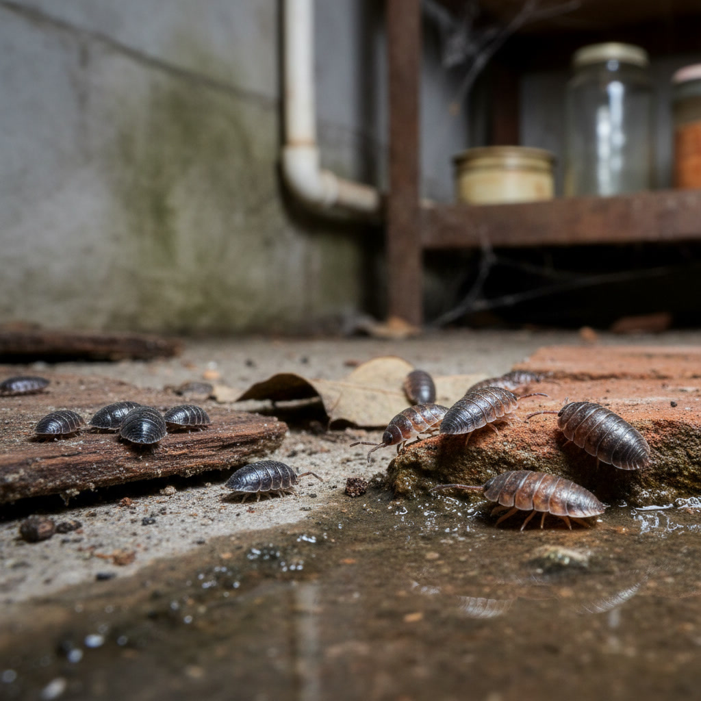 Pill bugs and sow bugs side by side on damp basement floor showing identification differences