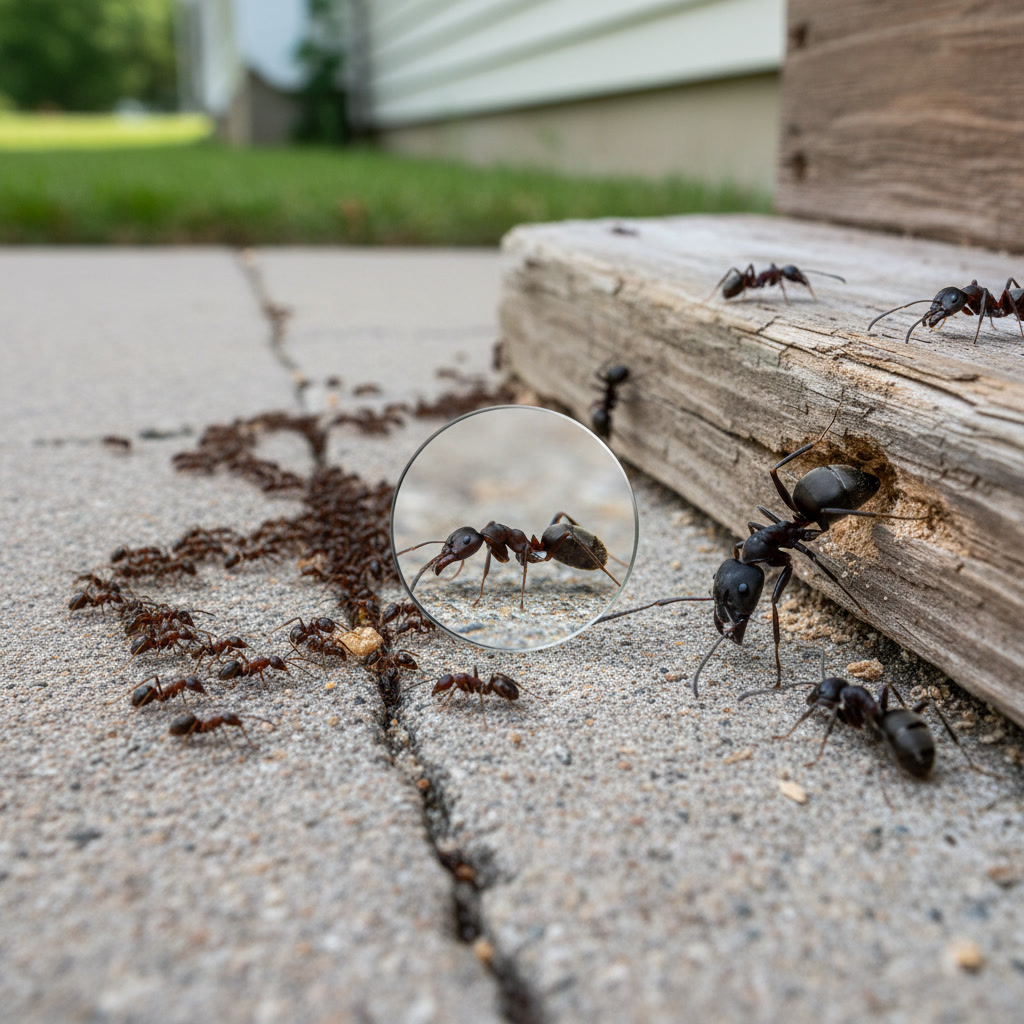 Close comparison of pavement ant and carpenter ant workers showing size and color differences