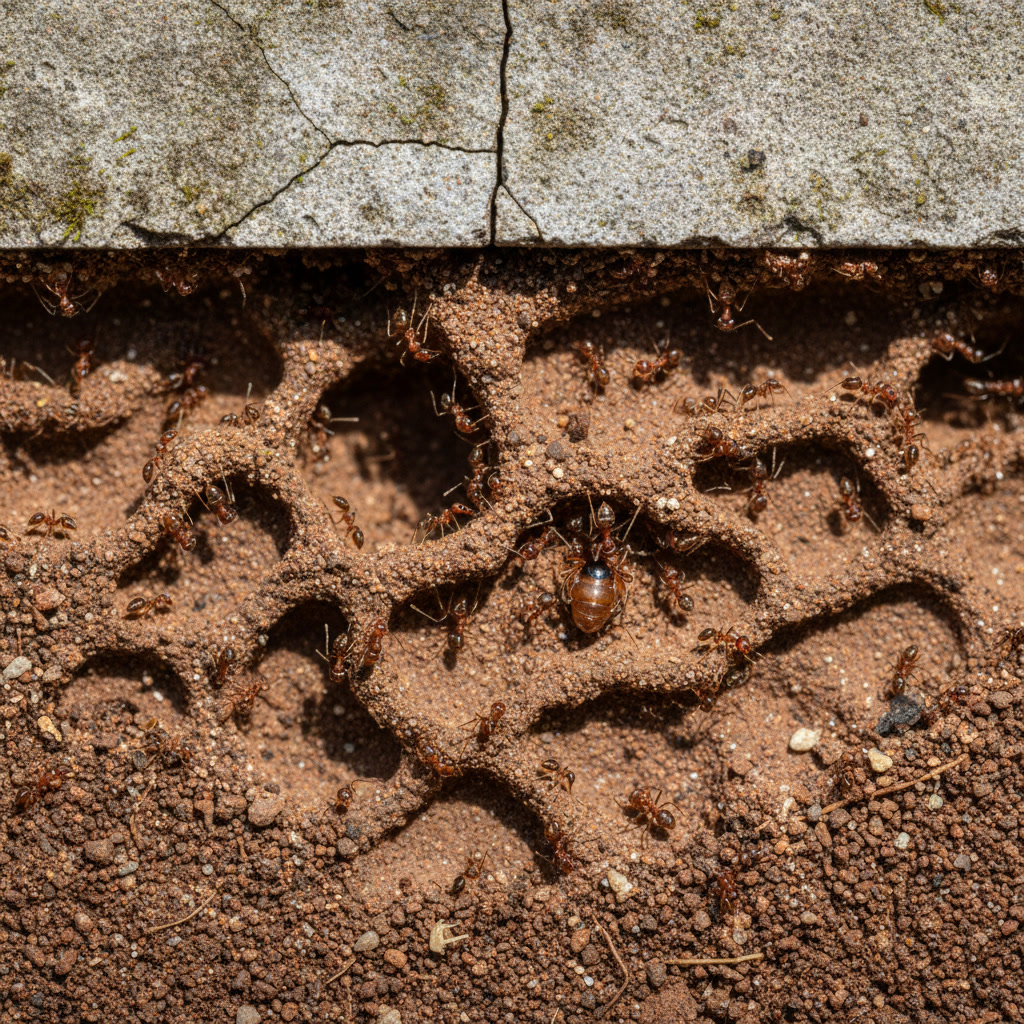 Pavement ant mound emerging from concrete crack near home foundation