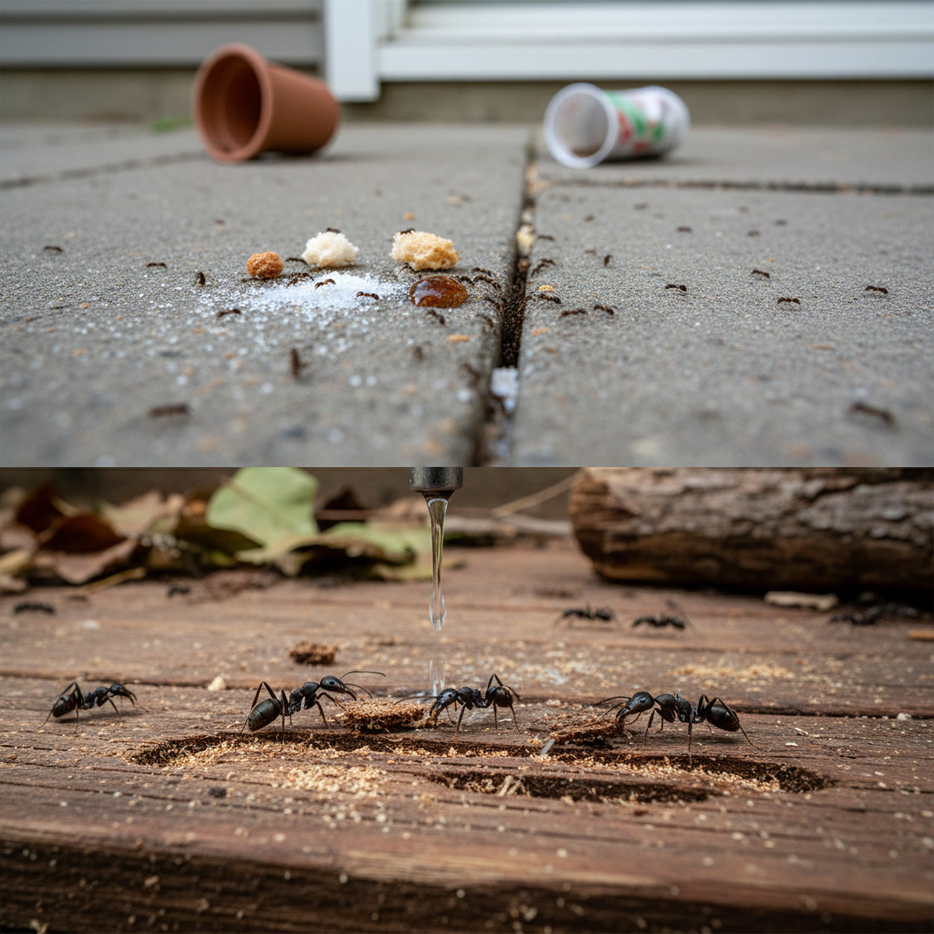 Carpenter ant galleries and frass damage in wooden structural beam