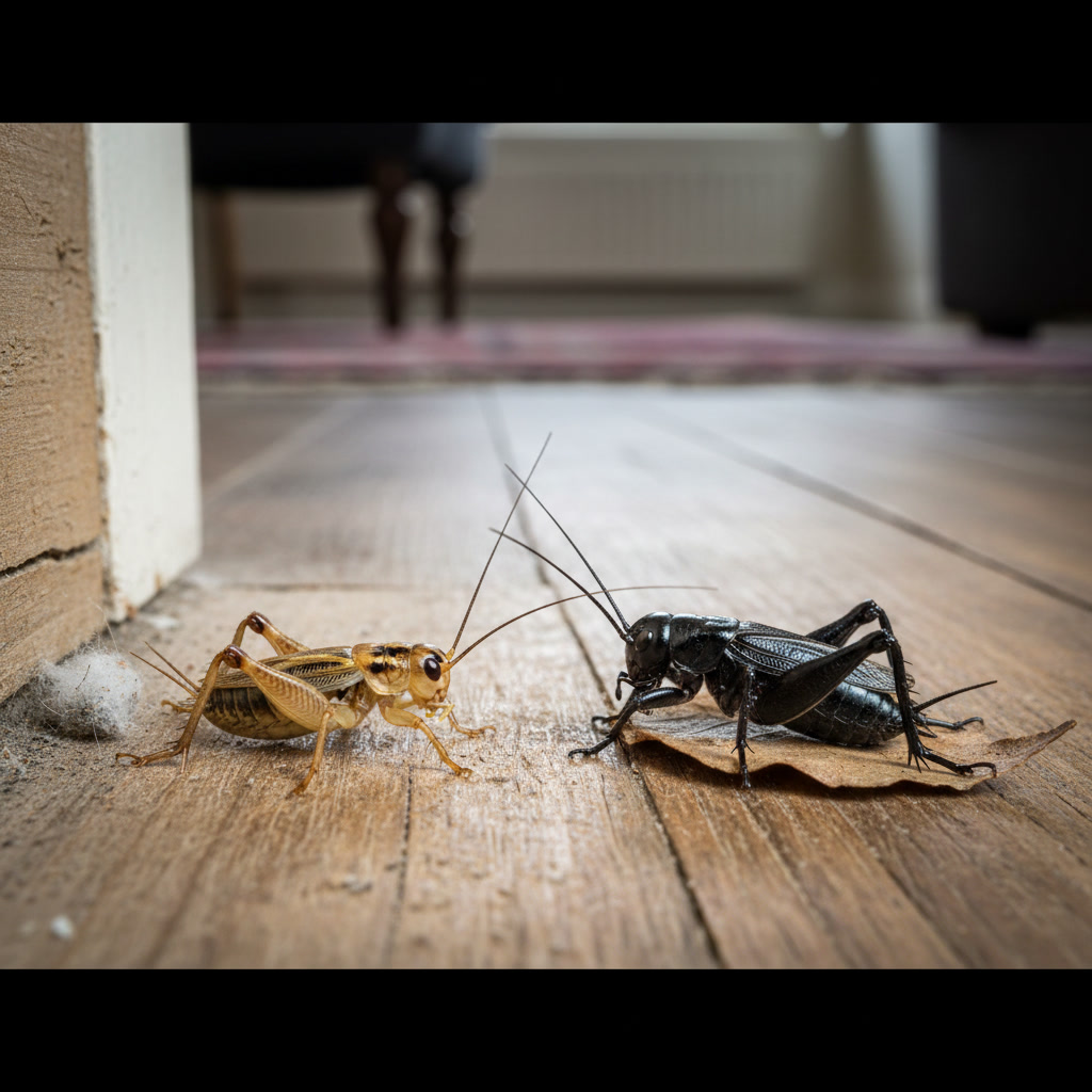 House cricket and field cricket side by side on basement floor