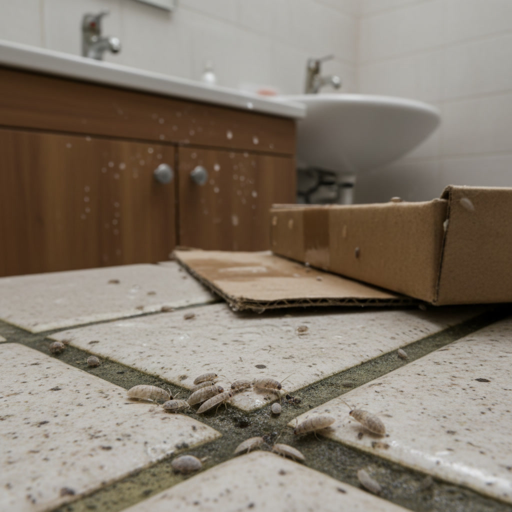 Homeowner inspecting kitchen cabinet for booklice infestation and moisture damage