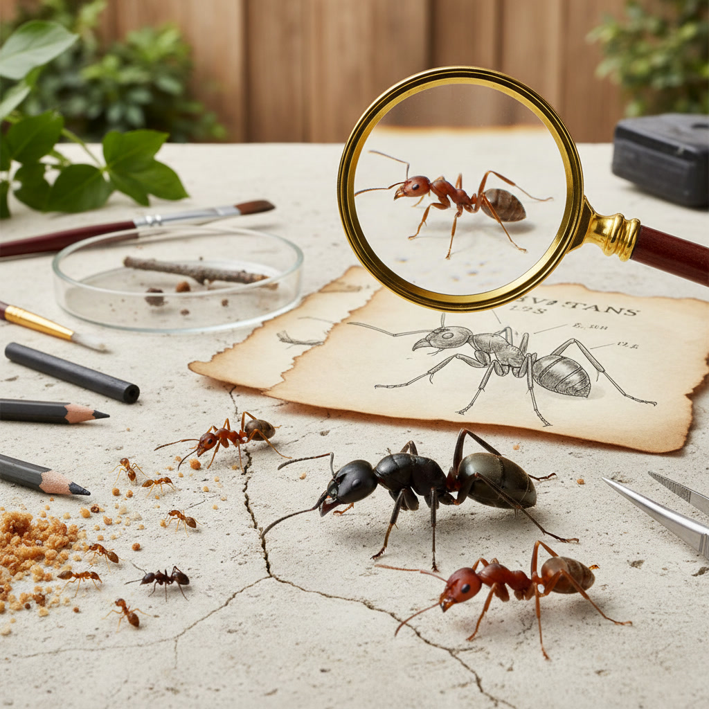 Homeowner examining different types of ants on kitchen counter