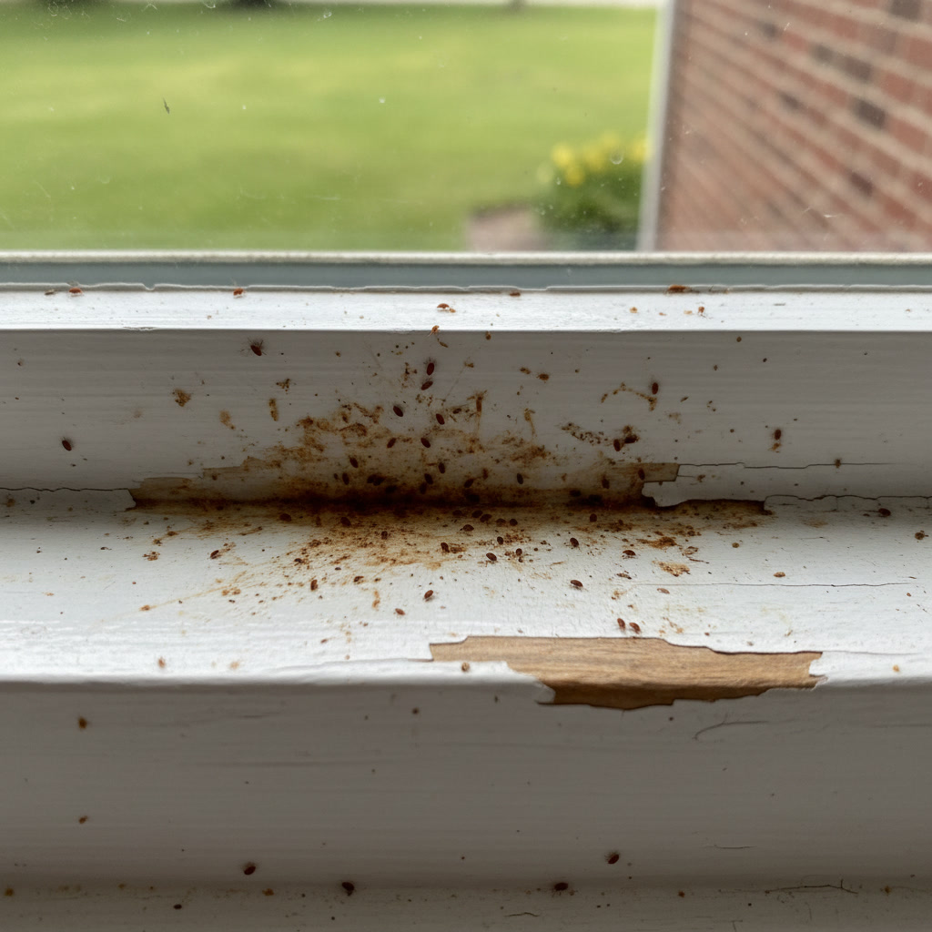 Clover mites gathering on windowsill leaving reddish stains