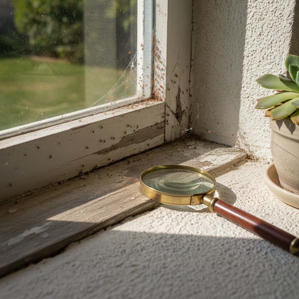 Common clover mite entry points around windows and foundation cracks