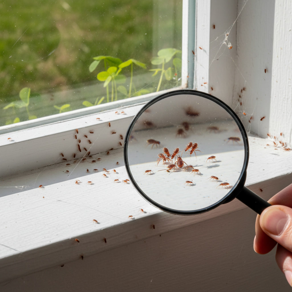 Clover mites on windowsill and wall surface in New York home